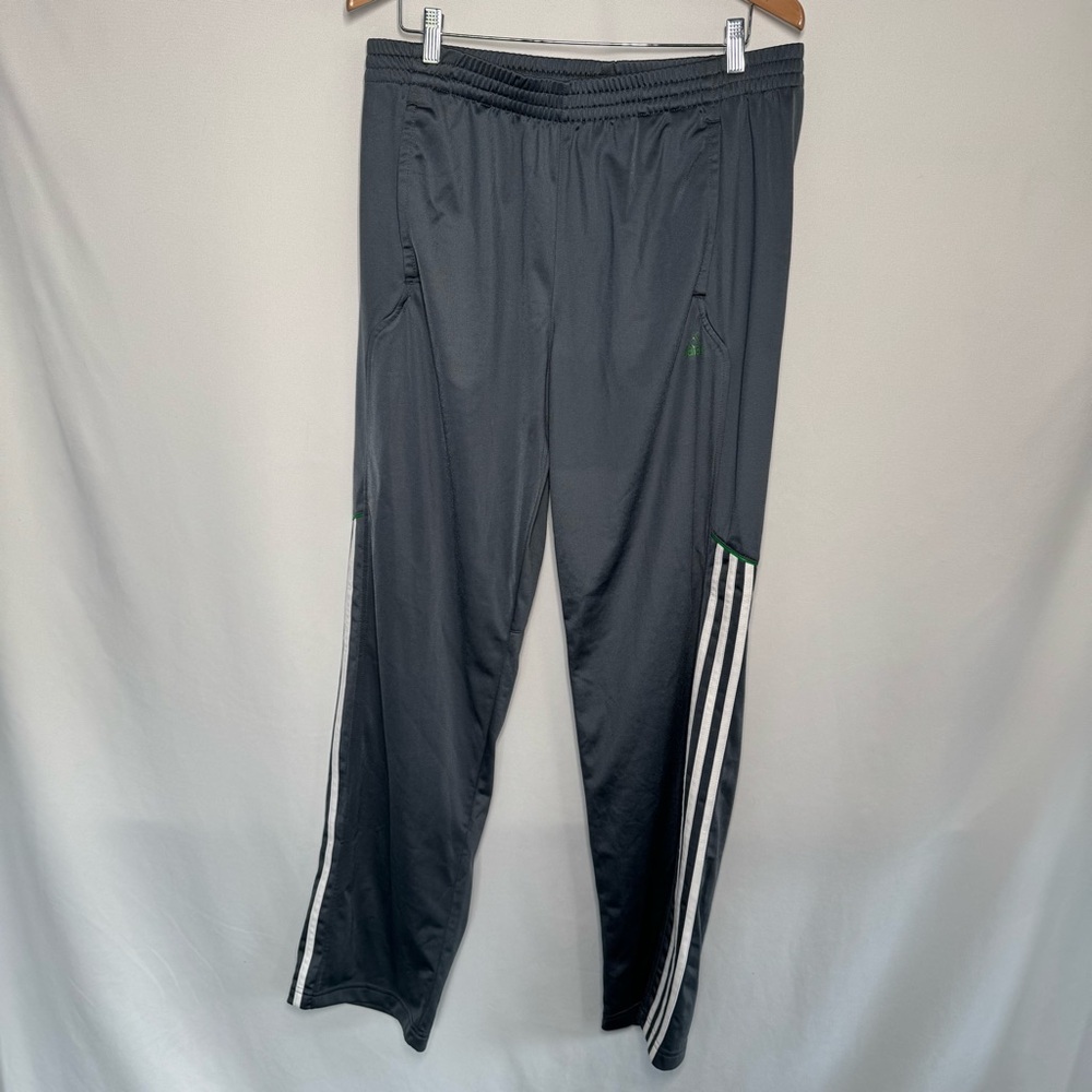 Adidas Mens Climalite Training Pants Gray Lead/White Stripe Green Logo Sz L NEW
